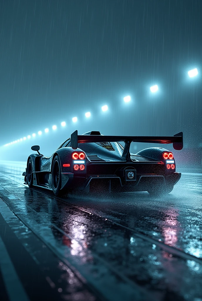 Carbon fibre pagani Zonda r on track in rain and white neon
