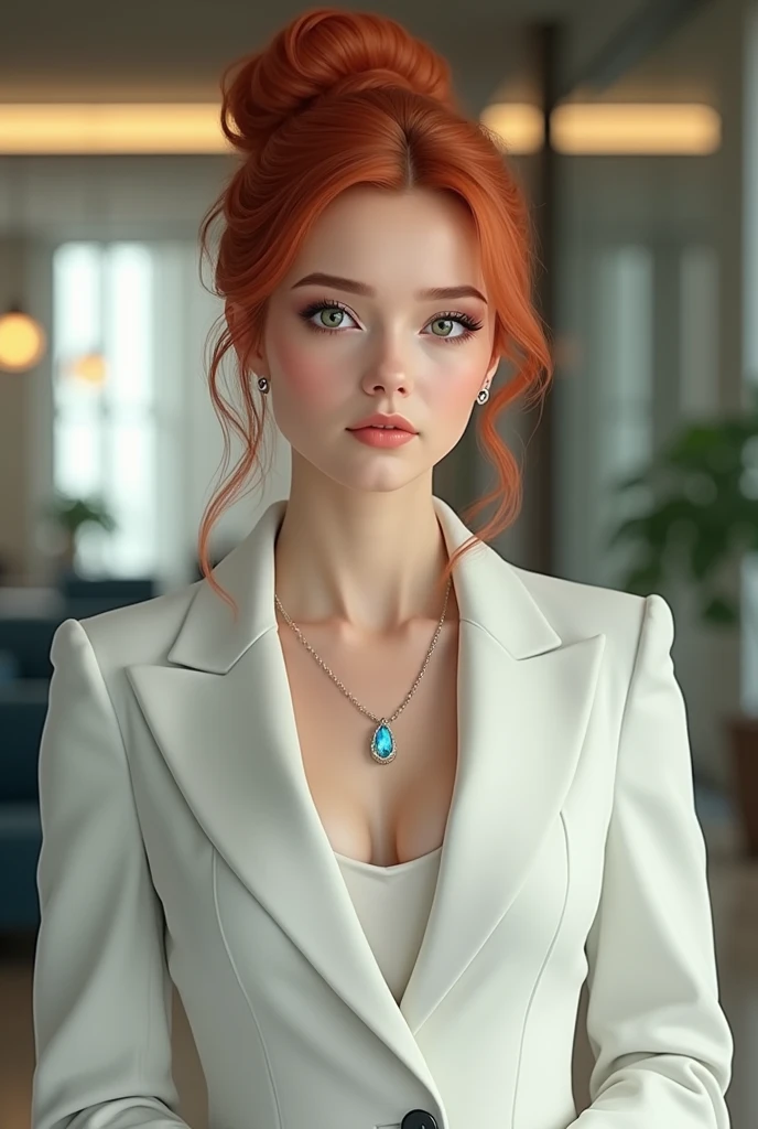 "A young woman with red hair, elegantly tied in a high bun, She is wearing a white blazer that highlights her professional and sophisticated style.. She wears a delicate necklace with a blue pendant that contrasts softly with her outfit.. His expression is serene, with expressive green eyes that convey confidence. The scene must capture the entire body of the woman standing, revealing her elegant posture and the entirety of her attire, in an environment that suggests an office or workspace, with sharp details in both his figure and the surrounding scenery."