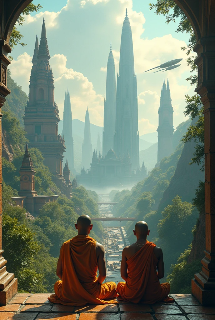 "Ancient India, a land of rich culture and mysticism, now reimagined with a touch of advanced technology. Imagine towering skyscrapers blending seamlessly with ancient temples, cybernetically enhanced monks meditating alongside traditional holy men, and flying chariots gliding over the lush forests. In this fantastical vision, the past and the future coexist in perfect harmony, showcasing the power of technology to enhance and preserve tradition in a futuristic Indian utopia."