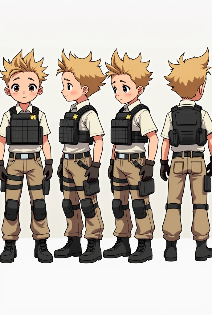 Standing boy, cute, 1 boy, , 4-sided design, Diagonals, front, back, profile, Head to body ratio 5, character sheet, whole body, simple background, Four perspectives, tactical gear, bulletproof vest, Good quality, high detail, Puppy Suin, bulletproof vest, Good quality, high detail, ultra detailed, masterpiece, best quality, aesthetic, detailed