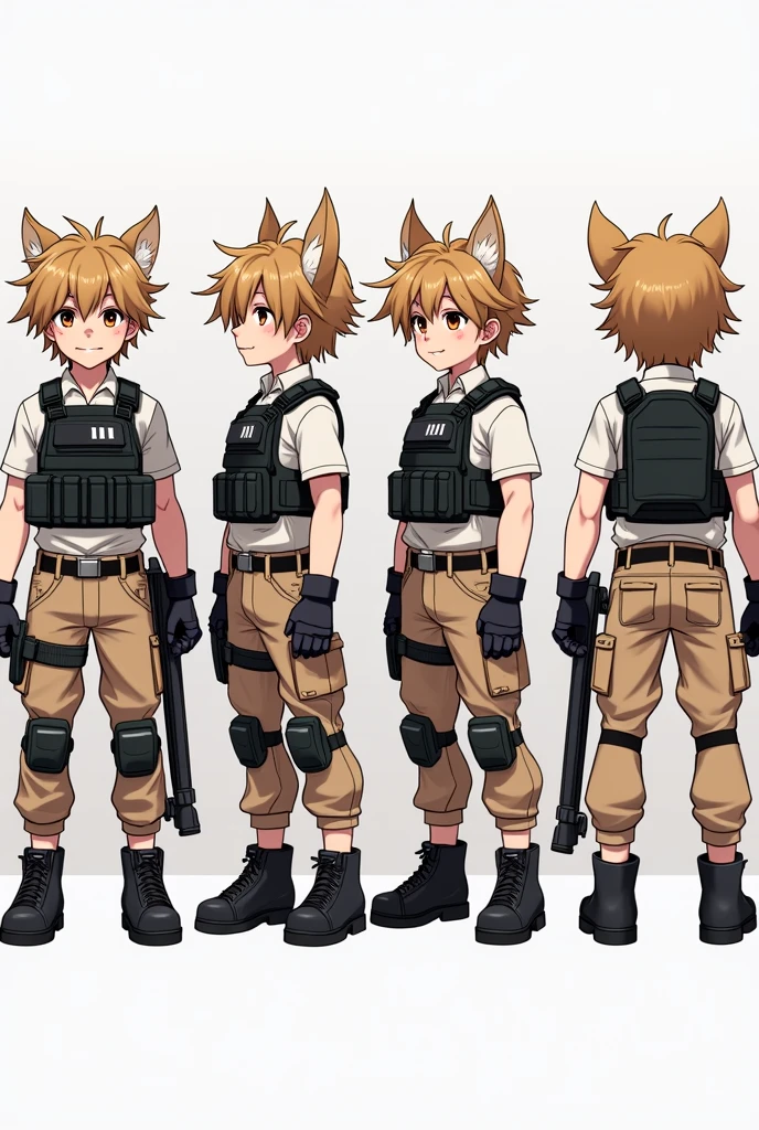 Standing boy, cute, 1 boy, , 4-sided design, Diagonals, front, back, profile, Head to body ratio 5, character sheet, whole body, simple background, Four perspectives, tactical gear, bulletproof vest, Good quality, high detail, Puppy Suin, bulletproof vest, Good quality, high detail, ultra detailed, masterpiece, best quality, aesthetic, detailed