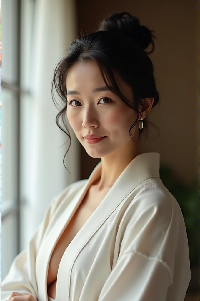 (Highest quality、Tabletop、8k、Best image quality、Award-winning works)、(A beautiful 50-year-old Japanese woman:1.1)、(The proprietress of a luxury inn:1.1)、(High-quality white kimono at a luxury inn:1.2)、(Kimono that shows the chest:1.1)、(Big cleavage:1.1)、(Open the chest:1.3)、(big soft breasts:1.1)、(Exposing the Big Cleavage:1.1)、Perfect mature woman portrait photo、Glowing Skin、Standing Elegantly、(Blurred elegant luxury hotel background:1.3)、(The most natural and perfect tidy luxury inn background:1.2)、(The most moody and romantic:1.2)、(Tyndall effect:1.1)、Great cinema lighting、(The most atmospheric and warm lighting:1.1)、Glowing White Skin、Very white skin、(Accentuate your body lines:1.1)、(The most graceful posture:1.2)、Perfect beautiful glossy lips、(Accurate anatomy:1.1)、(A perfect and elegant outfit:1.1)、(Standing with good posture:1.1)、(Face close-up:1.2)、hair bun、Perfect classy makeup、Beautiful glossy lips、Glowing, beautiful, flawless skin、(Staring at me with a cold, blank look:1.1)