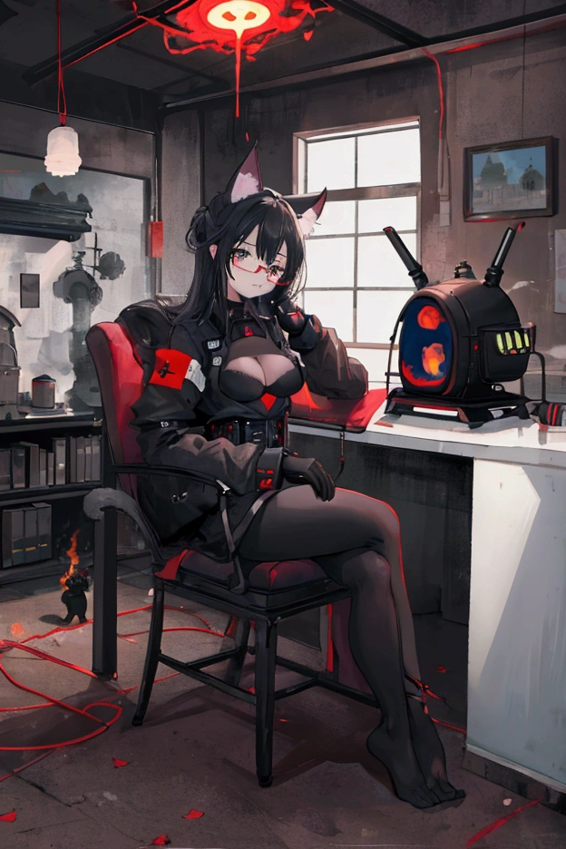 absurd resolution, high resolution, (work of art: 1.4), hiper-detalhe, and moss, black armour, large warehouse, eyes open, red glasses, From front to lens, fire, body heat from electric stove, robotic arm with flames and white smoke in its hands, Cat's ears, shorth hair, black leagwear, Bblack hair, relaxing, Tranquil, Raby, having fun, Room, , cat black, anime 80s, pastel colors, lo-fi