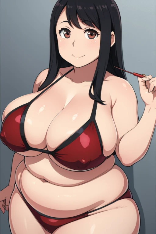 Plump 21 big breasts black hair brown eyes chubby smile longer hair red bikini