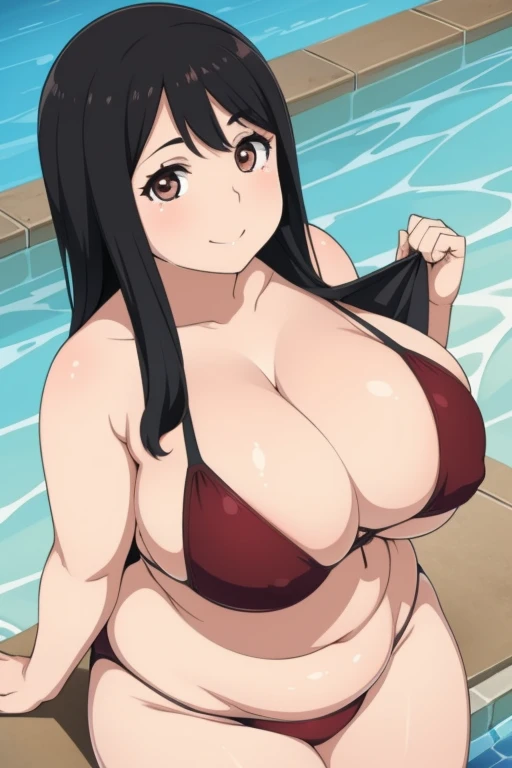 Plump year 21 big breasts black hair brown eyes chubby smile longer hair red bikini