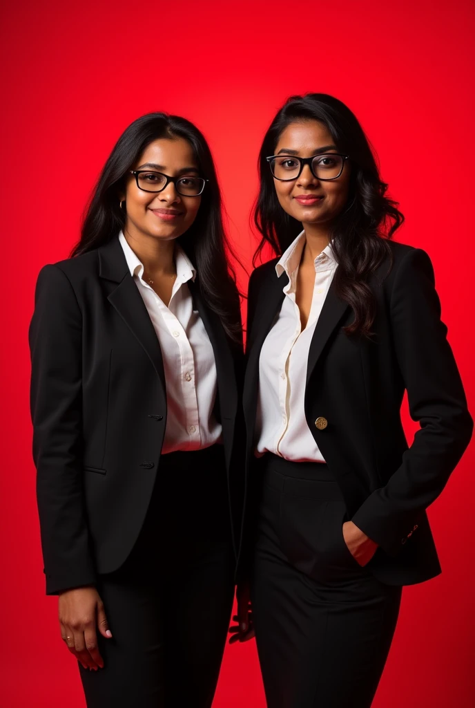2 Indian girl wearing formals and glass posing for linkedin red light in background