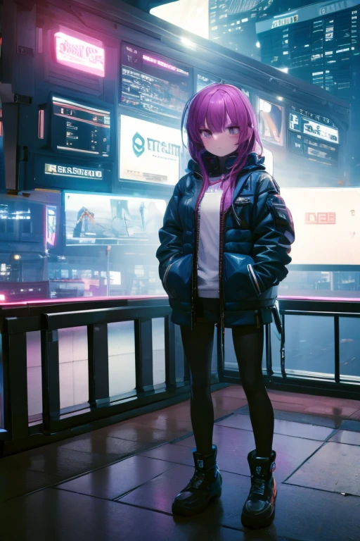 One girl,(masterpiece, Highest quality),duster,Hands in pockets,night,cyber punk