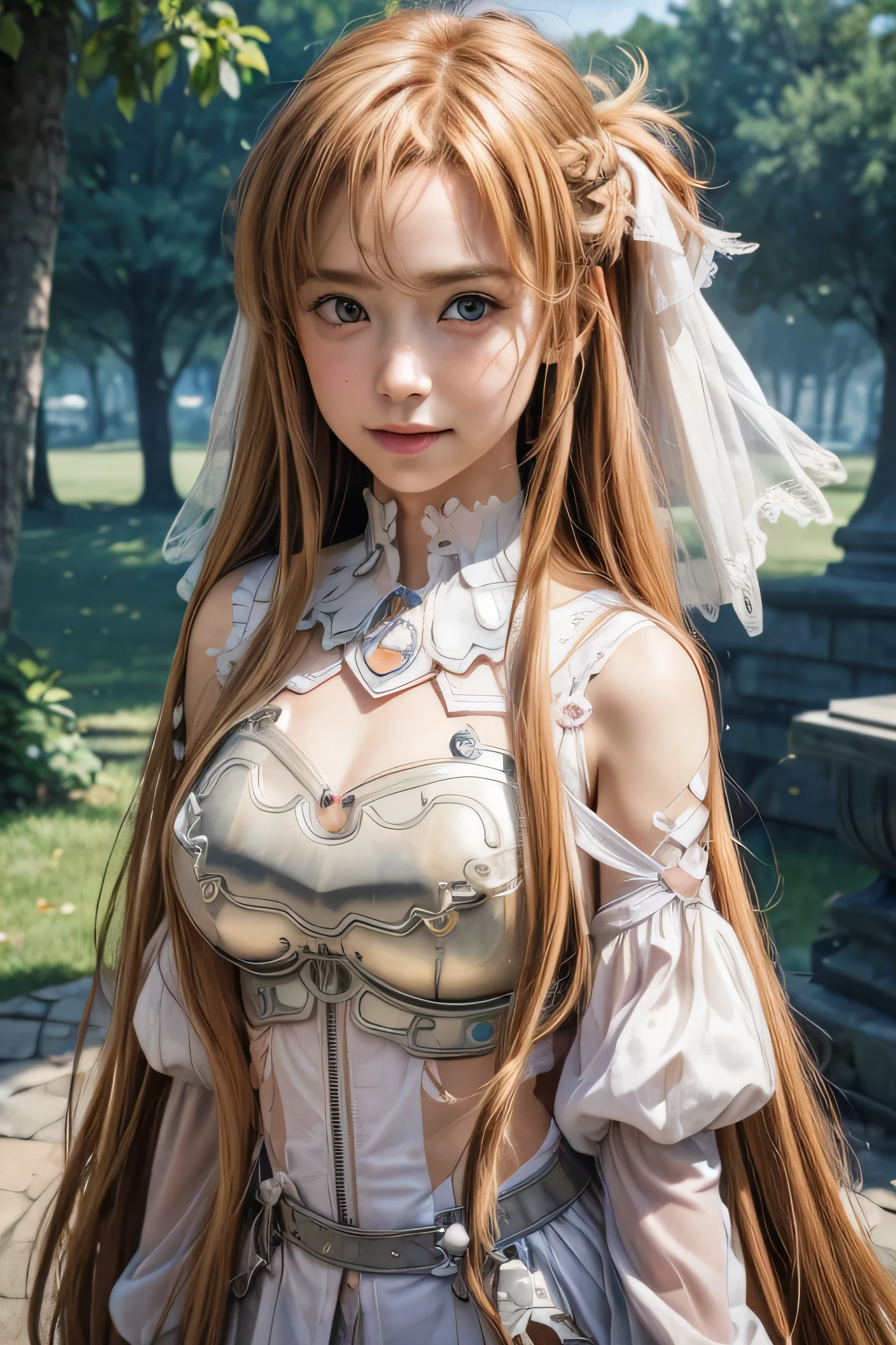 masterpiece, best quality, (realistic,photo-realistic:1.4), (RAW photo:1.2), extremely detailed CG unity 8k wallpaper, delicate and beautiful, amazing,finely detail, official art, absurdres, incredibly absurdres, huge filesize, ultra-detailed,extremely detailed eyes and face,light on face,stacia,(little smile),(caramel hair:1.4),(long hair:1.4),nature background,hair ribbon,(caramel eyes:1.5),(wearing breast plate:1.5)