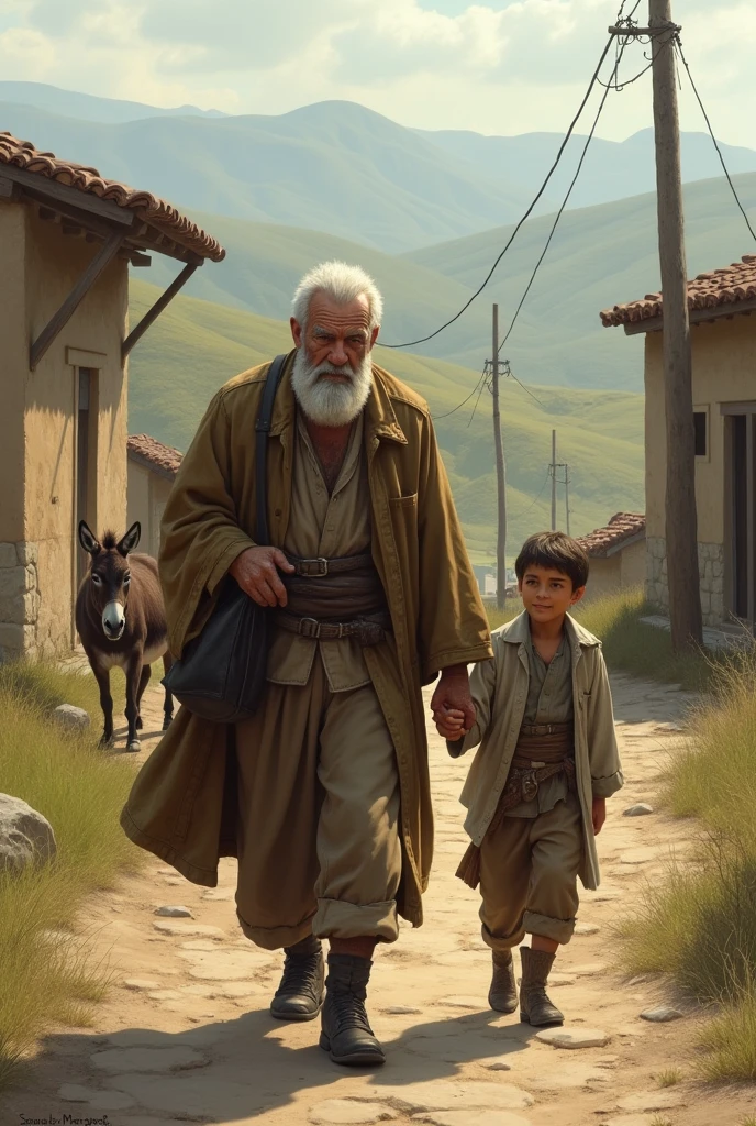 An old man holds a son by his hand and a donkey by his side