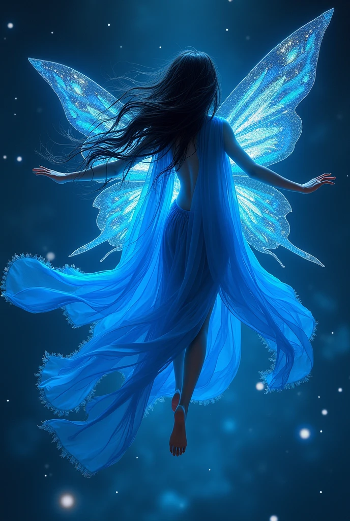 A night fairy, with magical blue enchanting robes, surrounded by stars, in space floating in the air long black hair also floating, with part of a leg showing.
