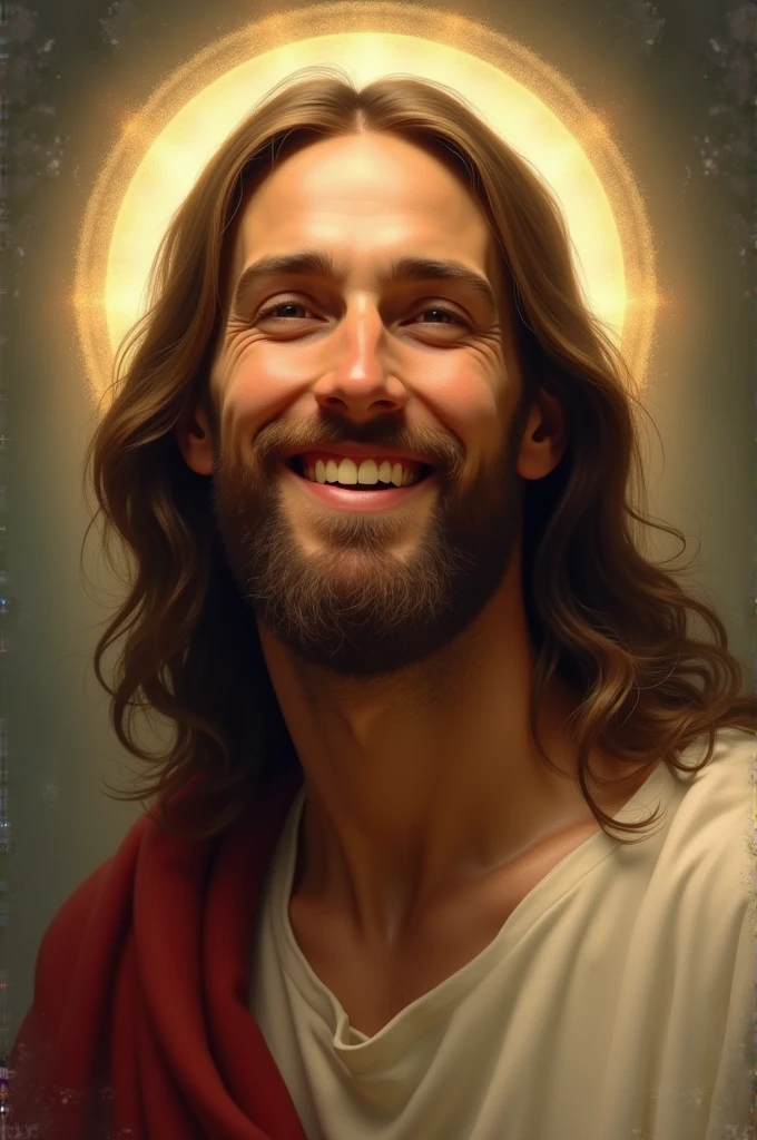 Create an image of Jesus' face smiling with a very happy expression