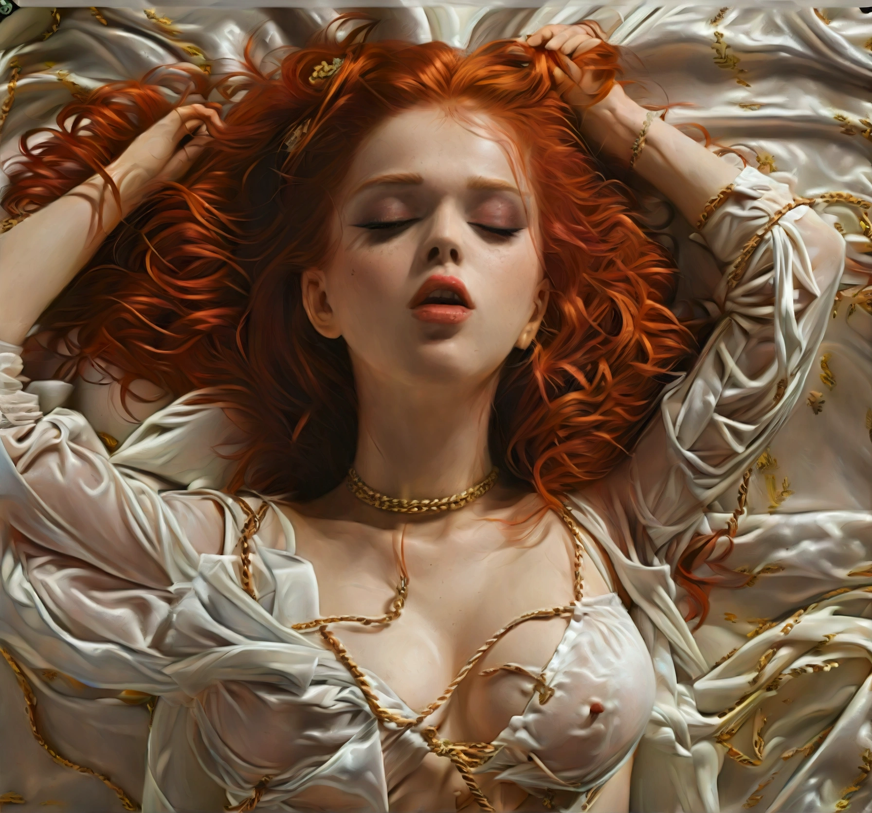(masterpiece, best quality), (A sexy dancer, redhead, European and slut is tied up like a sex slave:1.6)(tall and skinny:0.8),set in a pornographic world:1.0, ( Au lit:1.3), nuit, detailed aspects, très attrayant:1.0,
((sleep with mouth open:1.5))
(hair tied in ponytail:1.0)
(sexy nude:1.5) tetas grandes:1.4
(closing eyes, of pleasure :1.6) (sex coulant:1.9)
,(open mouth with orgasm:1.5),
exposed armpits:1.0 (tetas grandes:1.0)、 (Legs open in an obscene and sexual manner :1.0). tir de tout le corps:1.3. Exposed lower breasts:1.5