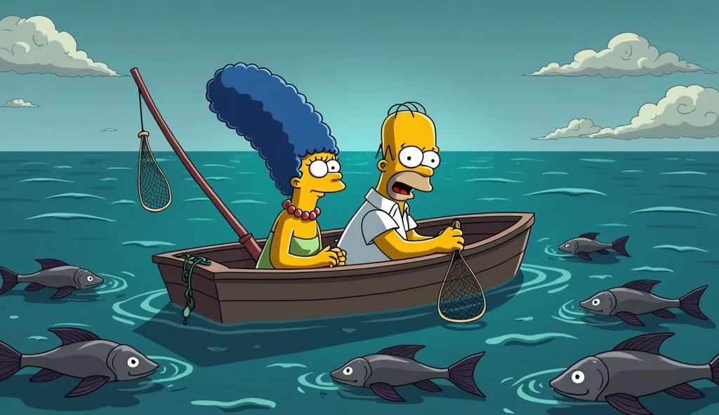 a simpsons style image of Homer Simpson and marge Simpson looking terrified sitting in a fishing boat holding fishing lines and nets. all the fish surrounding them are dead and grey and floating on the surface of the water. it is zoomed out so the boat looks small in the huge ocean
