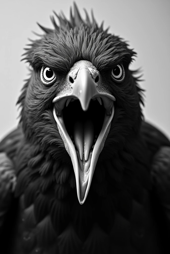 A whild Bird with angry mood and in black and white pic add more realistic water droplets on face. Add more micro details and add more water droplets 