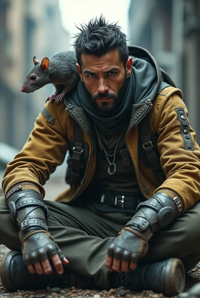 Man sitting on the ground with a rat on his shoulder, cyberpunk, cgsociety contest winner, grim reaper, except rat, war photo, from 2 0 1 1 9 sci fi 8 k movie, post apocalyptic outfit, anthropomorphic rat, best photo, action shot, anthropomorphic _ humanoid, jin - roh --ar 9:16