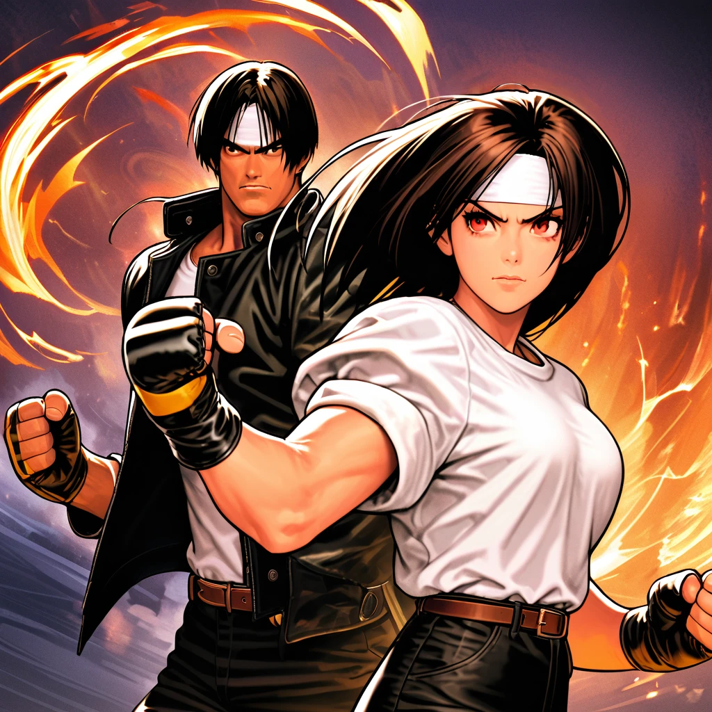 Masterpiece, Two People, Man-Woman Fist Fight, One on One, Best Quality, 8K, Fighting Pose, Fight: 1. 5,(Kyo Kusanagi), Man has dark skin, dark hair, red eyes, alone, ((white headband on forehead)), Two Shot, ((black riders jacket with rolled up arms)), fingerless gloves, black hair (white T-shirt), white T-shirt black pants, white shoes, brown belt, boyish, handsome, shot, charming, masterpiece, high quality, fine face, grainy, night, confident grinning face, man and woman fighting against church background, loud cheers, same hair, same hair and clothes, angry face: 1. attack speed 5, quick attack , angry face, angry face