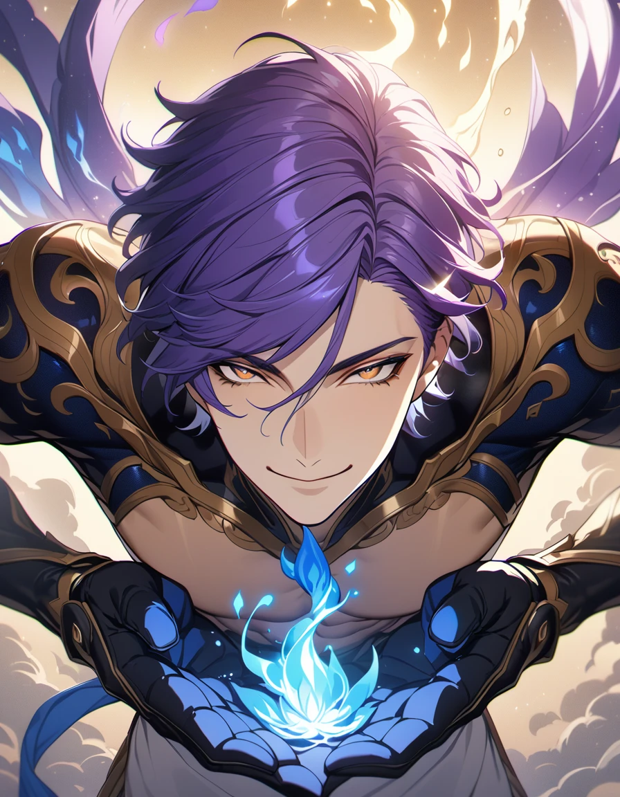 (Absurd, High resolution, Super detailed, High resolution) masterpiece, Highest quality, Very detailed, Delicate features, Purple Hair, Golden Eyes, Golden lashes, jLong eyelashes, One person, Sexy man, good looking, Sensual, Black gloves, Toned Up, Fantasy, Magic, Shine, Dust, Blue Flame, Blue Flower, good looking, 1 male, short hair, White clothes, Smile Facial