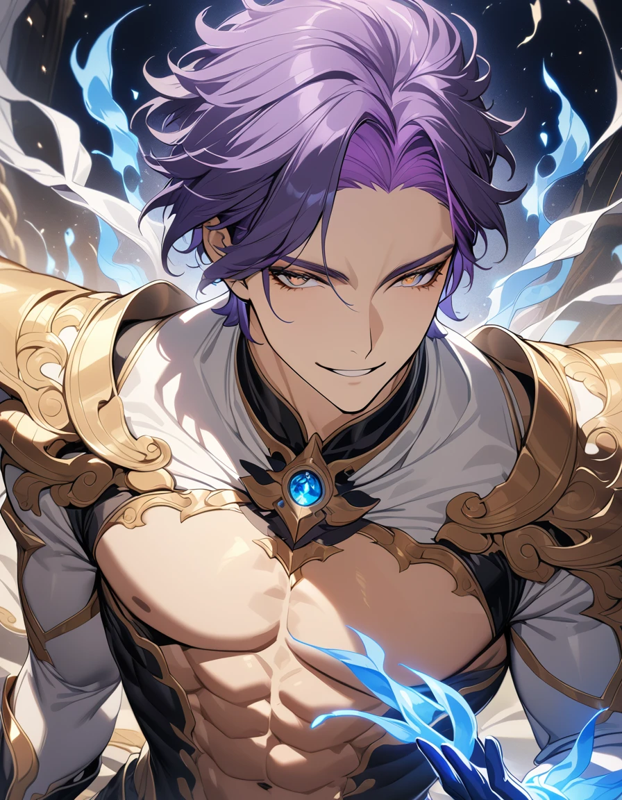 (Absurd, High resolution, Super detailed, High resolution) masterpiece, Highest quality, Very detailed, Delicate features, Purple Hair, Golden Eyes, Golden lashes, jLong eyelashes, One person, Sexy man, good looking, Sensual, Black gloves, Toned Up, Fantasy, Magic, Shine, Dust, Blue Flame, Blue Flower, good looking, 1 male, short hair, White clothes, Smile Facial