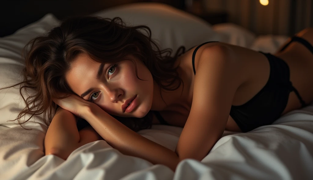 A sensual woman lying on a bed with soft, rumpled sheets, in a room with soft, intimate lighting. She is wearing elegant lingerie and is lying on her side., resting your head on one hand, with an expression that mixes tiredness and seduction. Your hair is slightly messy, falling on shoulders, and her relaxed body suggests both exhaustion and desire. The scene captures a moment of vulnerability and sensuality, creating an atmosphere of intimacy and mystery.