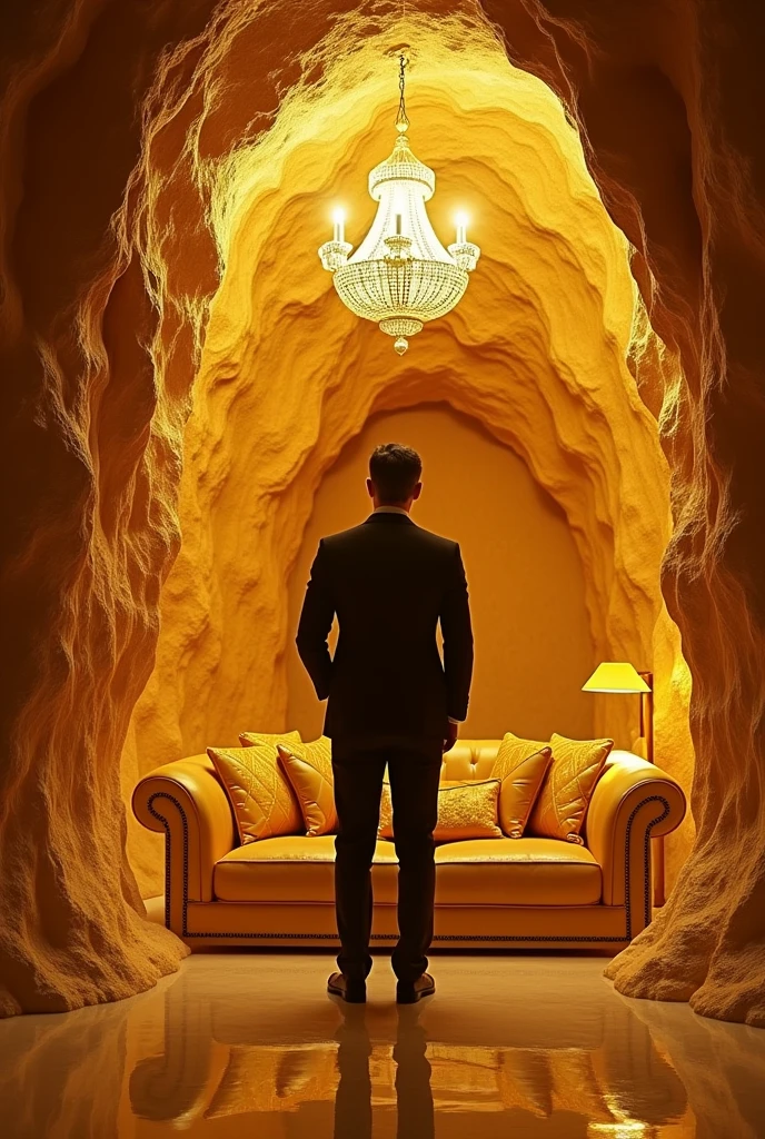 One can see a beautiful image of a man living inside caves made of gold vip top