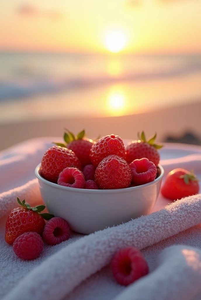 (photorealism:1.2), small bowl of strawberries, raspberries, on a towel at the beach at sunset
