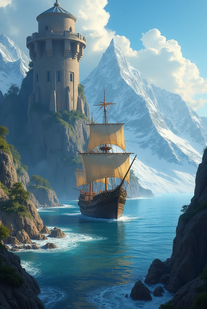 Create a landscape where you are surrounded by mountains , with an ocean in the background and a pirate ship floating in it , between a rustic tower