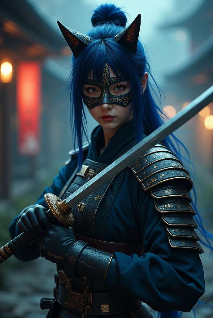 Samurai women with a cat mask with dark blue hair 