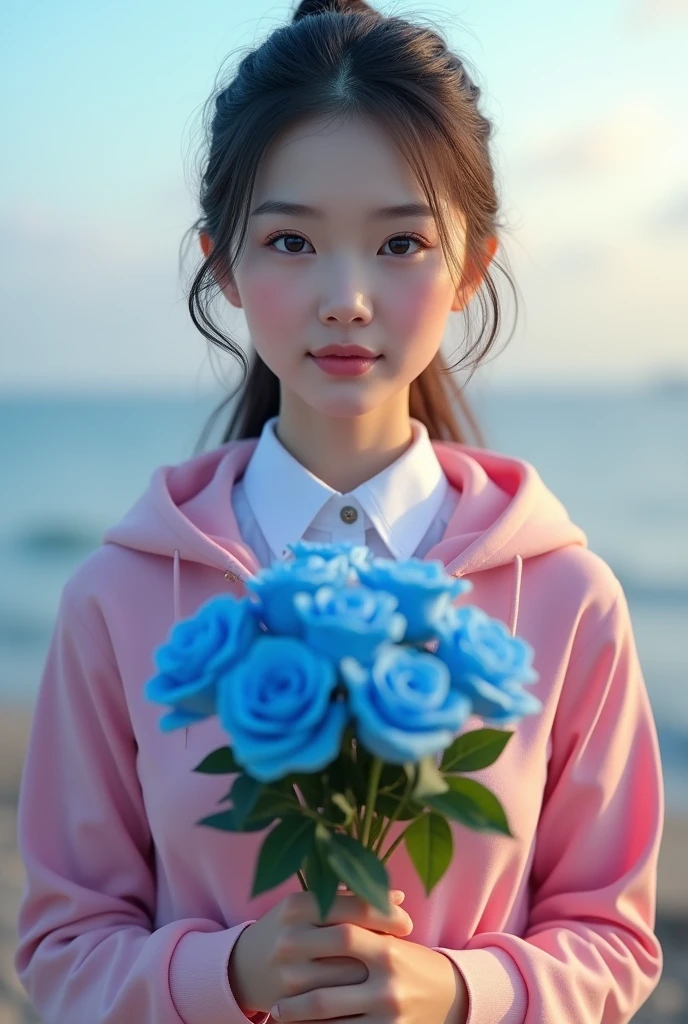 A woman holding a bouquet of blue roses at chest level, front view, fair skin, wearing a Thai student uniform, wearing a pink hoodie with no zipper, morning light from the front, the background is a dreamy sky.