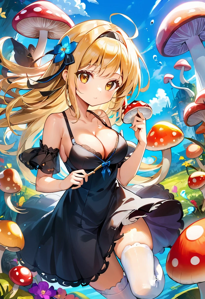 A Tim Burton art style of a beautiful 20 year old blonde Kate Bloom with big messy hair in a tattered sheer black dress, white stockings, black headband, cleavage, holding a glowing mushroom, fantasy art style, cartoon vibrant, cute detailed digital art, colorful digital fantasy art, digital fantasy art ), glossy digital painting.