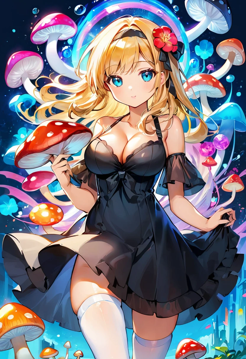 A Tim Burton art style of a beautiful 20 year old blonde Kate Bloom with big messy hair in a tattered sheer black dress, white stockings, black headband, cleavage, holding a glowing mushroom, fantasy art style, cartoon vibrant, cute detailed digital art, colorful digital fantasy art, digital fantasy art ), glossy digital painting.