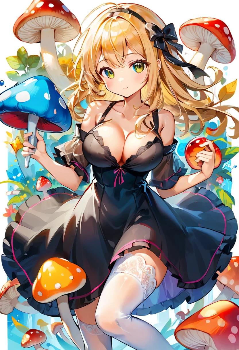 A Tim Burton art style of a beautiful 20 year old blonde Kate Bloom with big messy hair in a tattered sheer black dress, white stockings, black headband, cleavage, holding a glowing mushroom, fantasy art style, cartoon vibrant, cute detailed digital art, colorful digital fantasy art, digital fantasy art ), glossy digital painting.