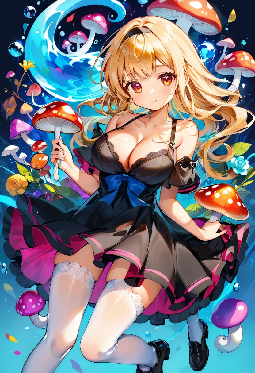 A Tim Burton art style of a beautiful 20 year old blonde Kate Bloom with big messy hair in a tattered sheer black dress, white stockings, black headband, , holding a glowing mushroom, fantasy art style, cartoon vibrant, cute detailed digital art, colorful digital fantasy art, digital fantasy art ), glossy digital painting.