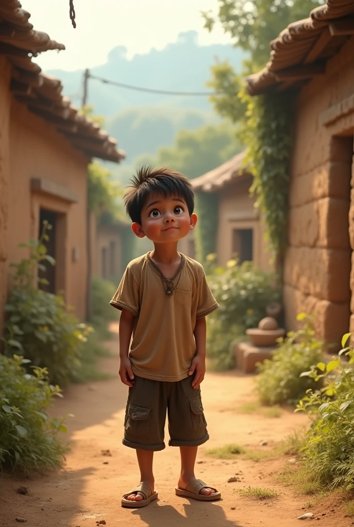 लड़का गाँव मे खड़ा हैं और wow का रीकसान ai फोटो 
