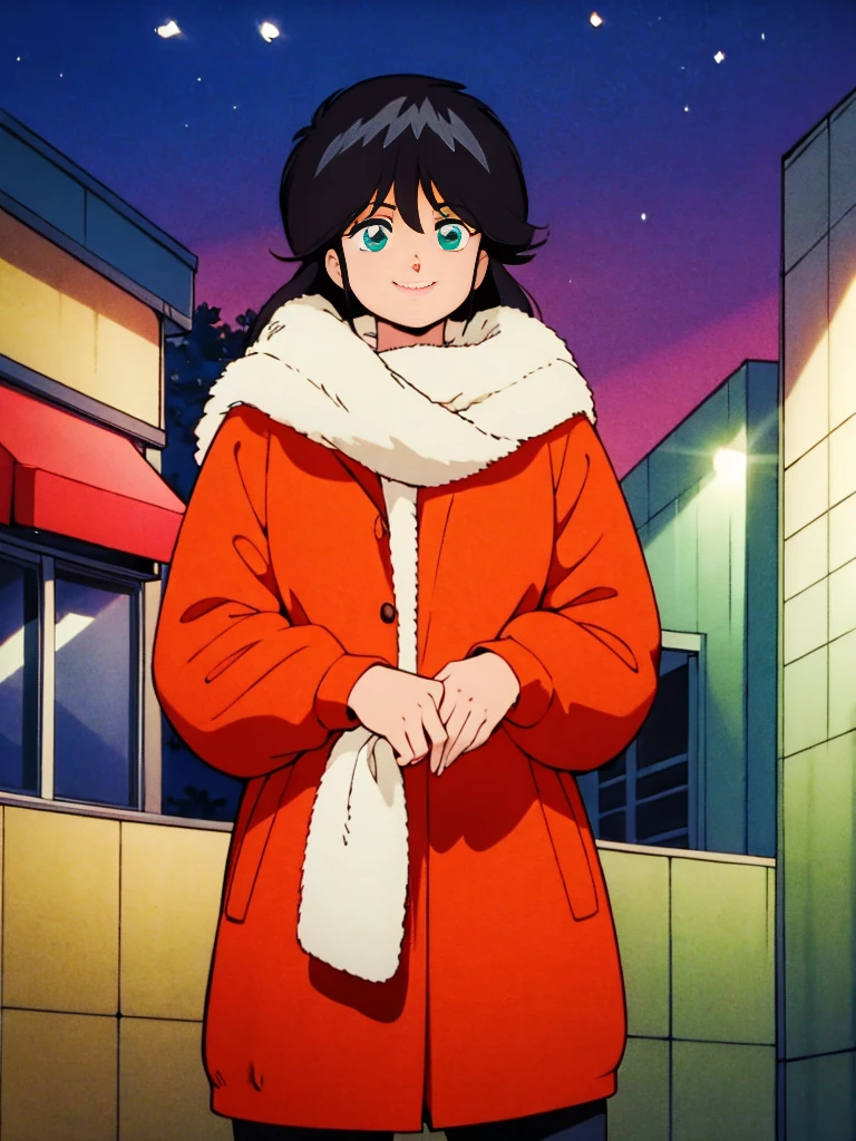 (morning), One girl, solo, Looking at the audience, winter, Cowboy Shot, (Downtown), Cowboy Shot, smile, Black Hair