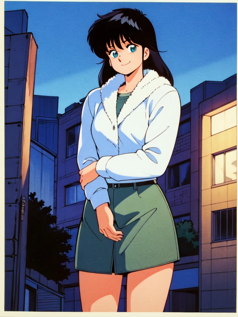 (morning), One girl, solo, Looking at the audience, winter, Cowboy Shot, (Downtown), Cowboy Shot, smile, Black Hair