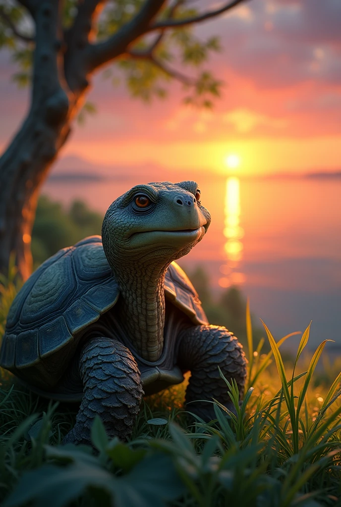 The turtle sitting on the lush green island, under a tall tree, watching the sun set over the horizon. The turtle has a content and proud expression on its face.