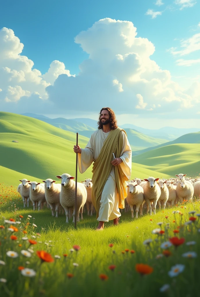 
	7.	Jesus Guiding a Herd of Sheep Through Rolling Hills: A pastoral and serene image of Jesus walking alongside a flock of sheep through rolling green hills. He holds a shepherd’s staff in one hand and gently guides the sheep with the other. The hills are dotted with wildflowers, and the sky above is a brilliant blue with soft, white clouds. Jesus’ smile is calm and reassuring as he looks out over the landscape. The scene conveys a sense of care, peace, and a deep connection to the natural worl