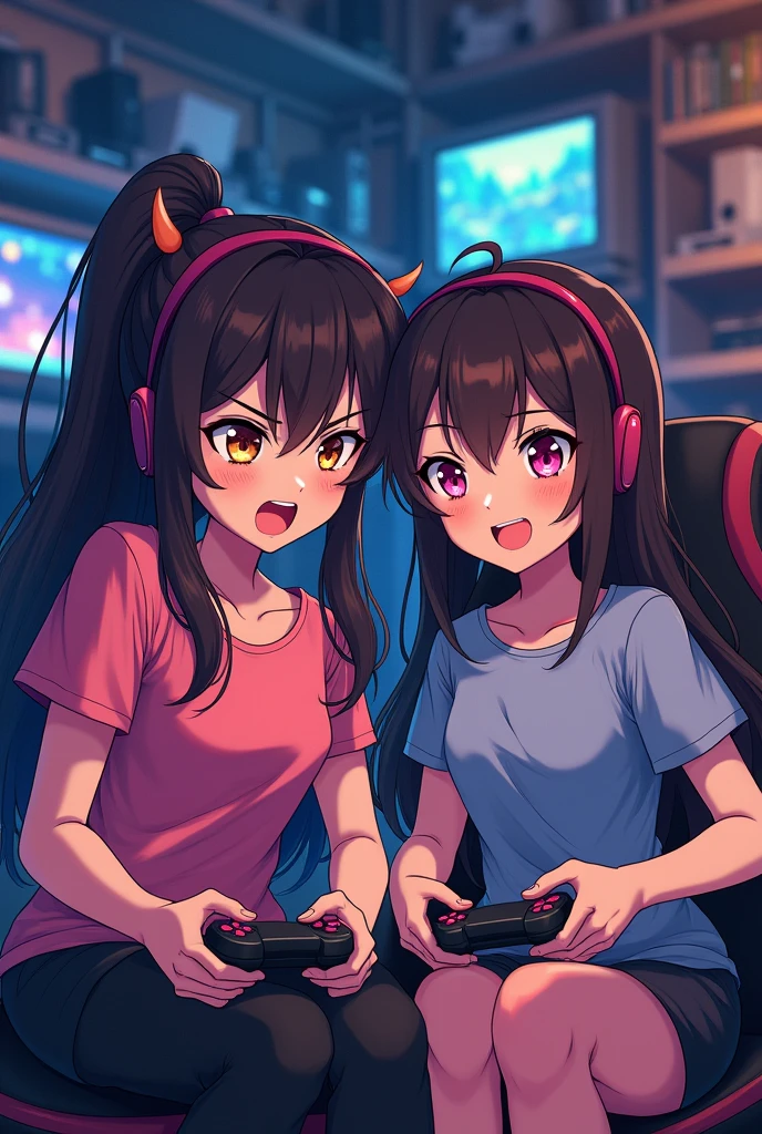 Two gamer aesthetic sister anime playing video games and one sister is angry one is smiling 