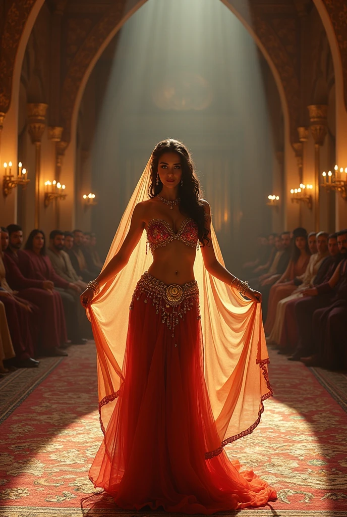 A stunningly elegant belly dancer in the opulent chamber of a medieval king, bathed in the warm glow of flickering candlelight and the vibrant hues of richly embroidered tapestries. She stands at the center of an intricately patterned Persian rug, her movements fluid and mesmerizing as she performs an ancient dance of seduction and celebration. Dressed in a dazzling two-piece costume adorned with gold coins and colorful jewels, her midriff bare, the dancer's abdomen undulates to the rhythmic beat of a distant drum. A veil of diaphanous silk flows from her head, framing her face and catching the light as she twirls, revealing the graceful arch of her neck and the glint of a mischievous smile. The king, seated on a throne of carved mahogany and velvet, watches with rapt attention, his eyes reflecting a mix of fascination and desire. His court, a collection of noblemen and women, are arranged around the edges of the room, some leaning in with eager curiosity, others lounging with sophisticated nonchalance. Their garments are a tapestry of luxurious fabrics and precious metals, their expressions a silent narrative of the evening's entertainment. The room itself is a testament to wealth and power, with high arched ceilings, gleaming marble pillars, and a large, ornate fireplace casting a warm, dancing light across the gleaming surfaces of gold and silver artifacts. The walls are adorned with exotic paintings and trophies from distant lands, creating an ambiance of opulence and adventure. The belly dancer, the focal point of this royal tableau, captivates all with her art, bringing a touch of the mysterious and the exotic to the very heart of the kingdom's power.