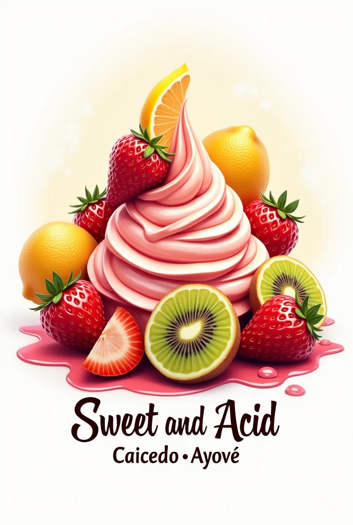 Create a logo with the theme of fruits bathed in sour and sweet creams that says sweet and acid and below it says the names of the creators who are Caicedo and Ayoví