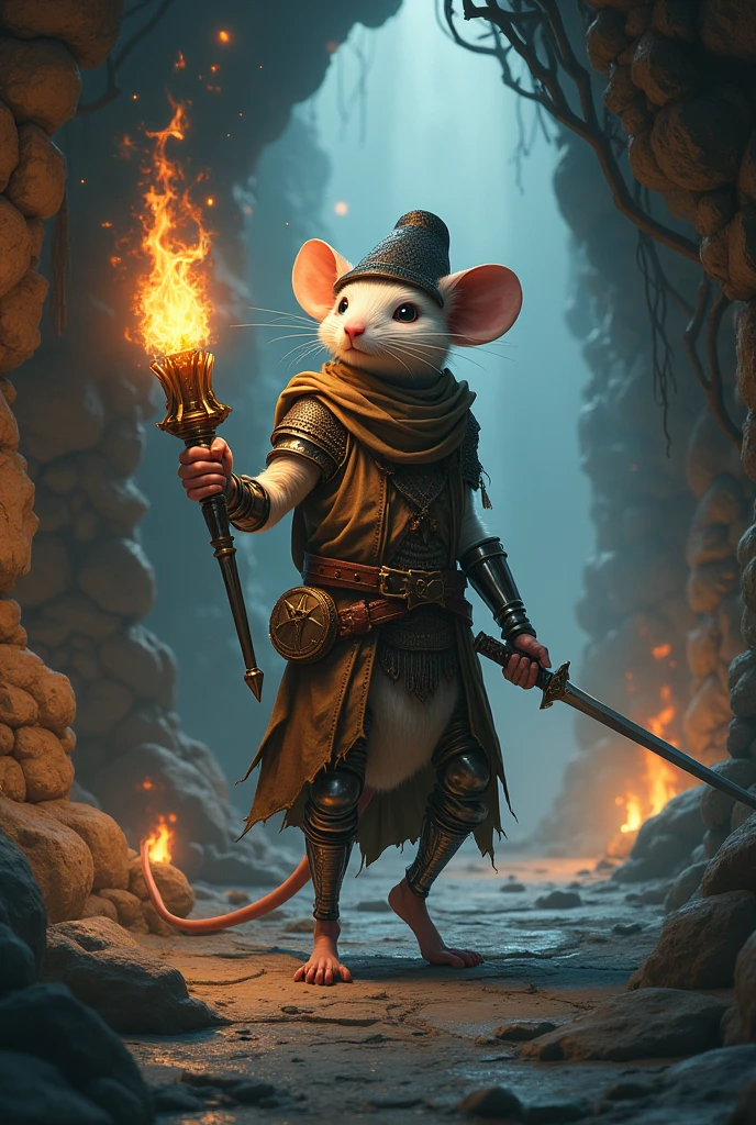 White slim humanoid mouse, with light leather armor, black dragon scale hunter hat, bardo, set in dungeon and dragon's, with a legendary rapier and who lost his left arm, being replaced by a mechanical robotic arm with a flamethrower