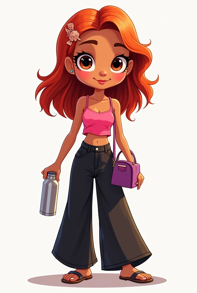Image of a cartoon girl with shoulder-length red hair, cinnamon skin and dark eyes, dressed in a pink strappy blouse and wide black pants, also carrying a thermos of water in her hand and a purple purse 