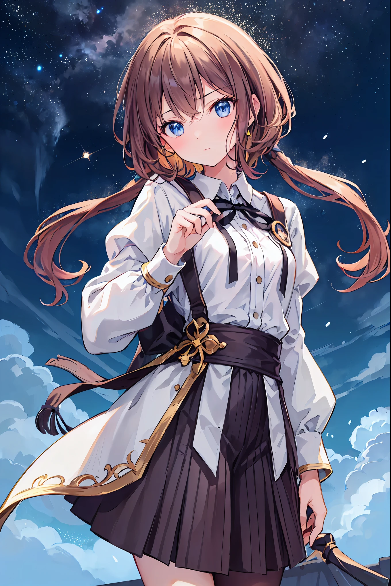Brown Hair,Shortcuts,Messy Hair,Slender beauty,A dignified posture,Small chest,Beautiful feet,Her captivating grey-blue eyes shine like stars,Acoustic guitar、On the roof、School、like々Shi、Couple、Beautiful men and women、uniform,break (masterpiece:1.2), Highest quality, High resolution, unity 8k wallpaper, (shape:0.8), (Beautiful attention to detail:1.6), Highly detailed face, Perfect lighting, Extremely detailed CG, (Perfect hands, Perfect Anatomy),