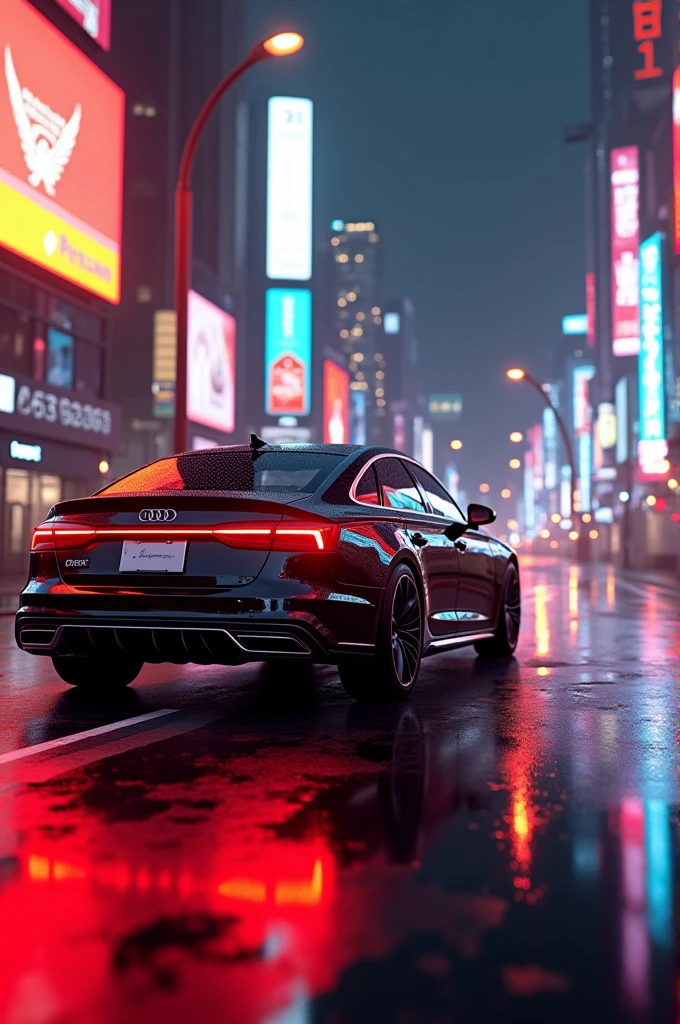 Audi a6 with black colour in neon city with red and orange lights in nights
