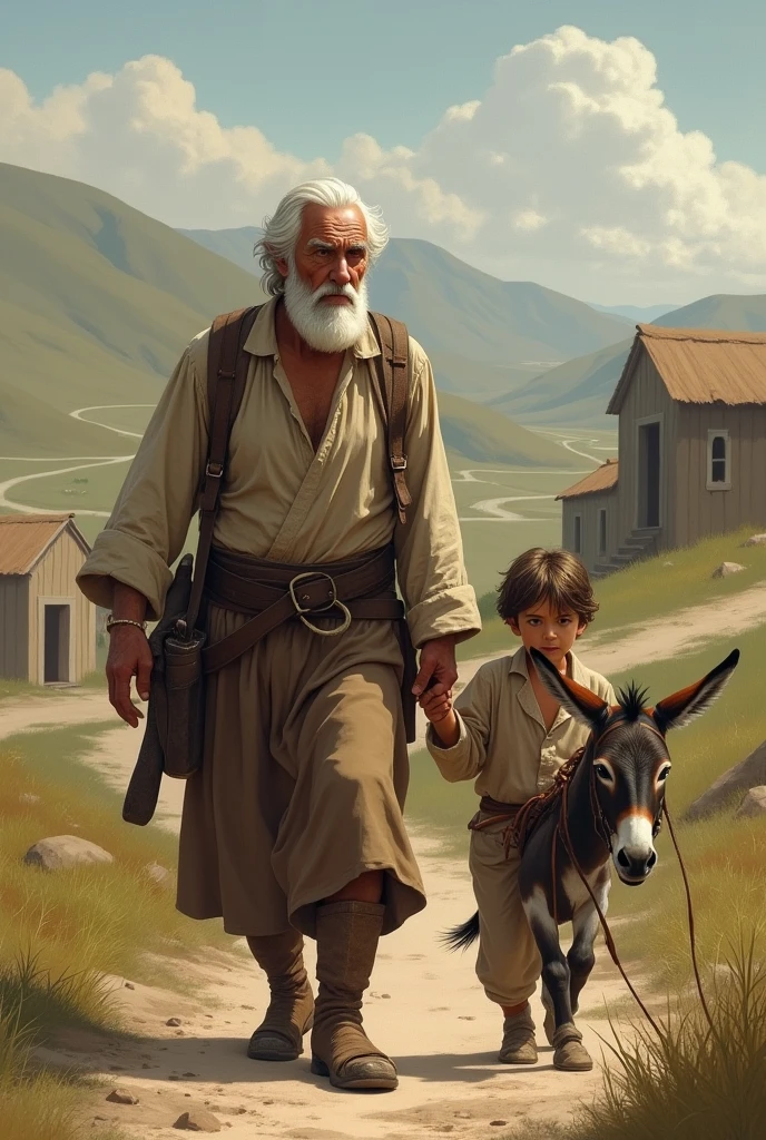 An old man holds a son by his hand and a donkey by his side