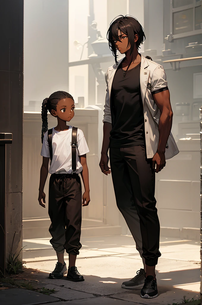 character with darker skin, young, 1, not very strong, has a body without many muscles, one of the arms is missing, the arm was cut off, stump of an arm, only has one arm, with dark dreadlocks, brown eyes and beige jacket , underneath a black tank top, wearing black pants and white sneakers, in the background a wall with apparent late afternoon sunlight, high resolution, perfect shadows, insane lighting, 8k