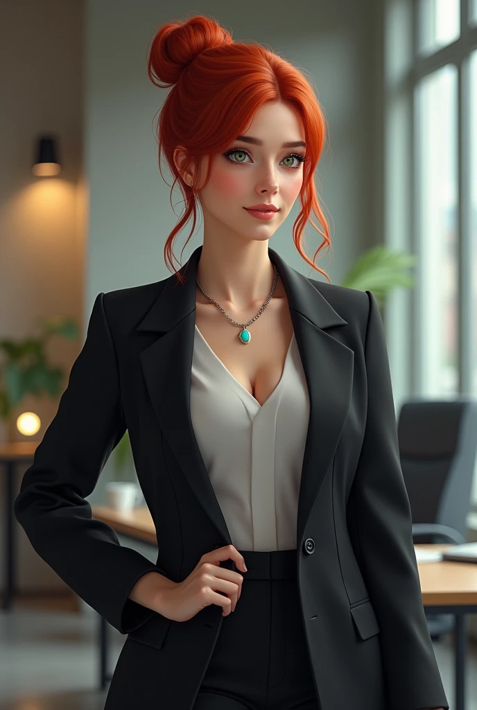 "A young woman with red hair, elegantly tied in a high bun, is dressed in a black blazer that highlights her professional and sophisticated style. She wears a delicate necklace with a blue pendant that contrasts softly with her outfit.. His expression is serene, with expressive green eyes that convey confidence. The scene must capture the entire body of the woman standing, revealing her elegant posture and the entirety of her attire, in an environment that suggests an office or workspace, with sharp details in both his figure and the surrounding scenery."