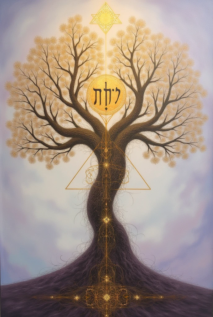 I want something abstract, its background a painting containing the Jewish tree of life , that has the initial of an important Jewish name of God , that has a similar gold and white motif but I want the other tree, that of the sefirot, I would like the sky with a soft lilac color 