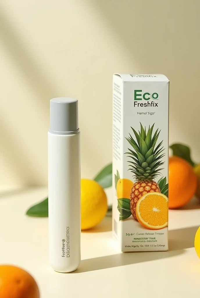 mini compact cylindrical atomizer, that the packaging has the name of eco freshfix and with a design of citrus fruits such as pineapple and orange that is practical and can be carried in a practical way to apply directly on a stain