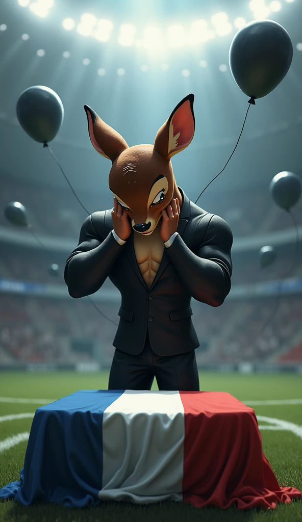 a bambi, muscular, puffed chest, wearing a black suit, crying with his hands on his head, sad expression, inside a soccer stadium, sad seeing a coffin with a flag over it highlighted in the colors blue, white, red, black balloons flying in the wind